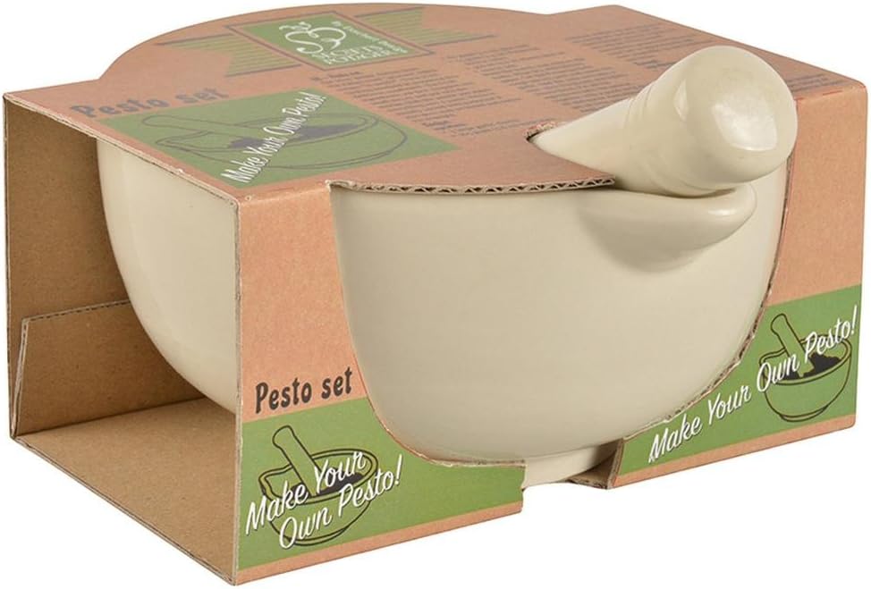 Esschert Design Set Mortaio e Pestello in Ceramica con Ingredienti – Kit Pesto Fatto in Casa (Bianco) Esschert Design