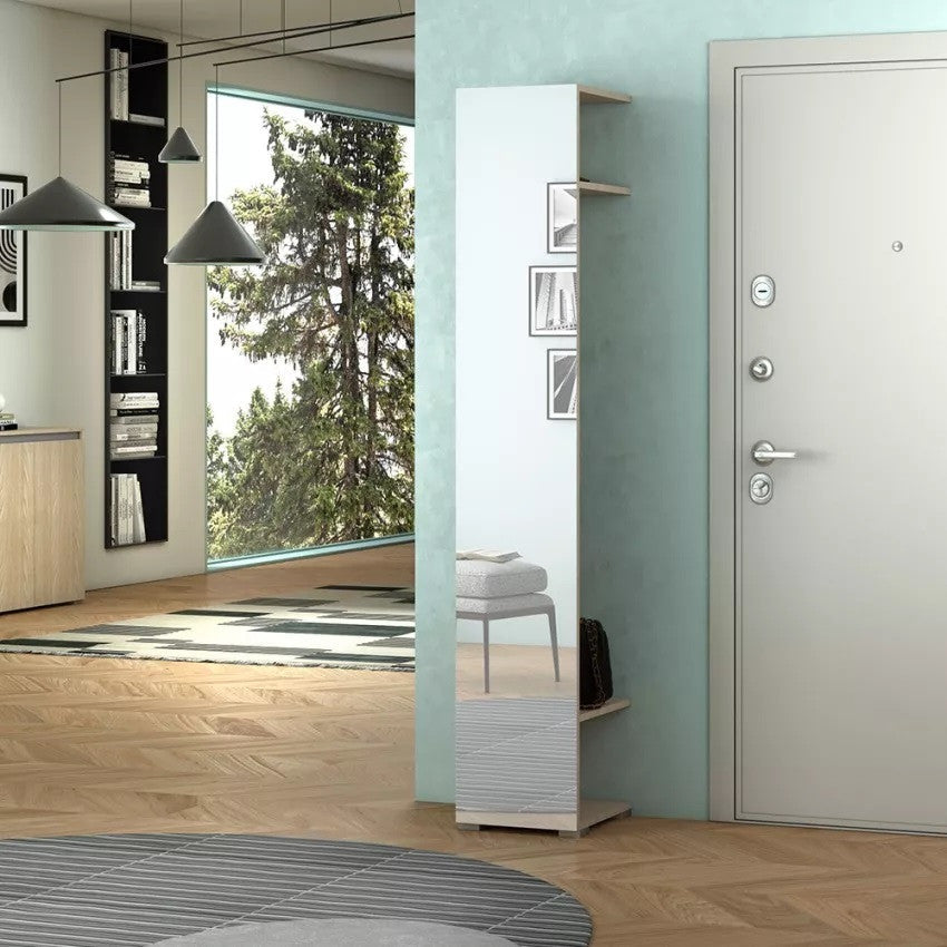 TERRANEO Colonna a Specchio con 2 Ganci Appendiabiti – Soluzione Multifunzione per Ingresso (Finitura Olmo) Terraneo