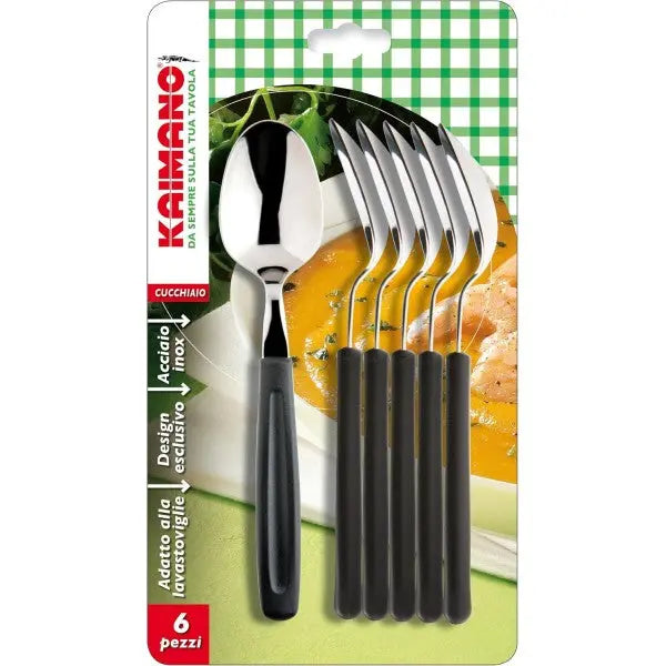 Set 6 Cucchiai da Tavola in Acciaio Inox con Manico Nero – Linea Dinamik Elegante e Robusta | Kaimano Kaimano