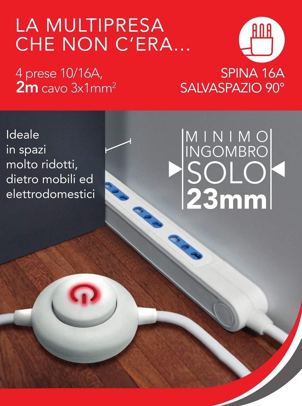 Poly Pool Spaziozero Presa Multipla Bianca 4 Posti Bivalenti con Interruttore a Pedale e Cavo da 2 Metri (Spina 16 A) - PP2523