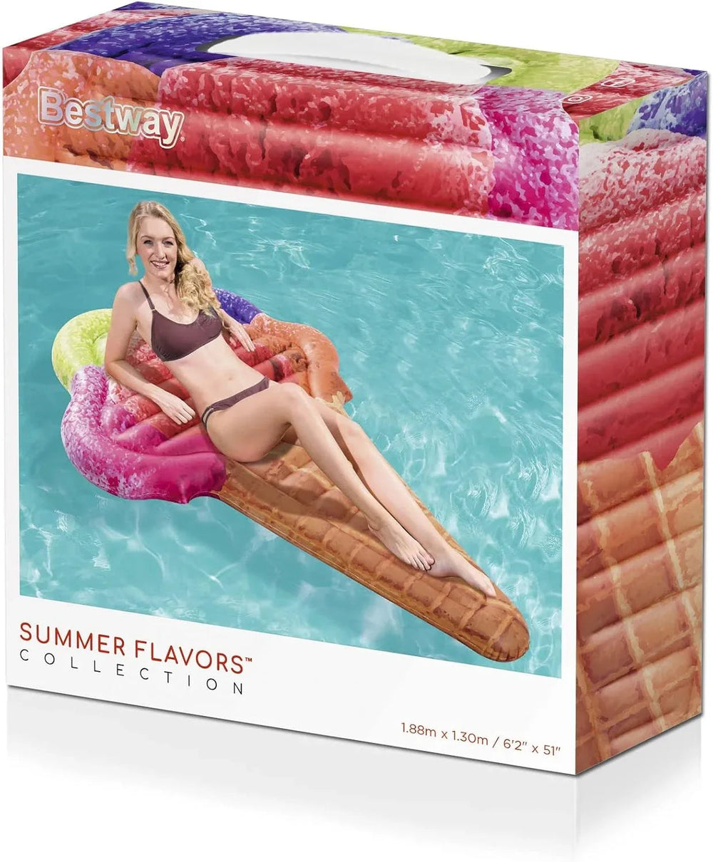 BESTWAY Materassino Gonfiabile Gelato De Luxe (188x130 cm) – Gigante Galleggiante a Forma di Cono con Palline 3D e Tessuto in Rete Bestway