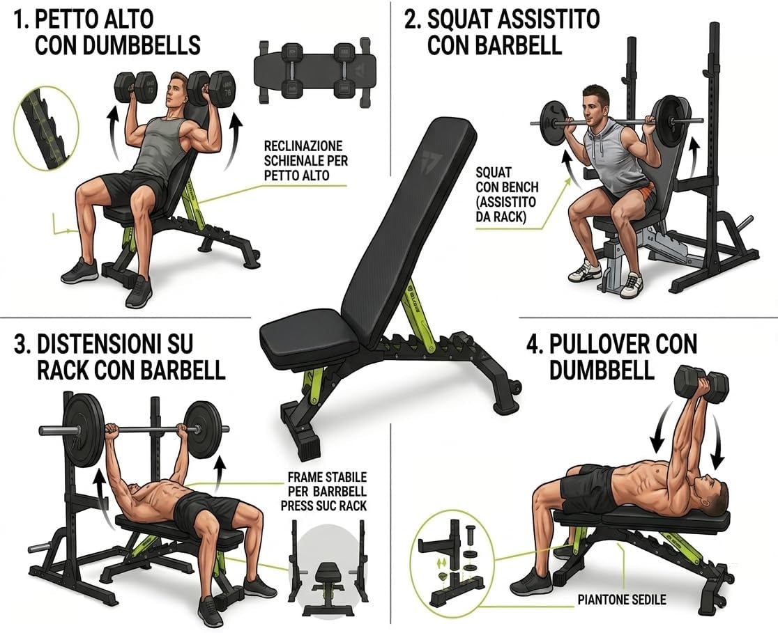 BILDER Panca Palestra Pieghevole Regolabile Multifunzione 300 kg (120 x 40 x 115 cm)