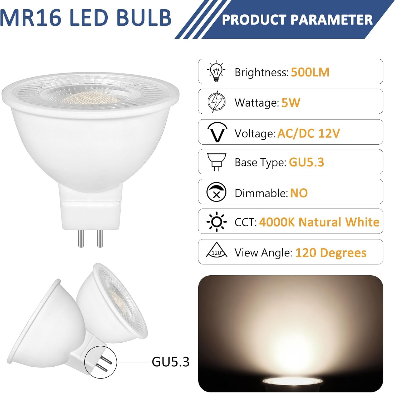 Set 6 Lampadine LED MR16 GU5.3 12V 5W - Luce Naturale 4000K