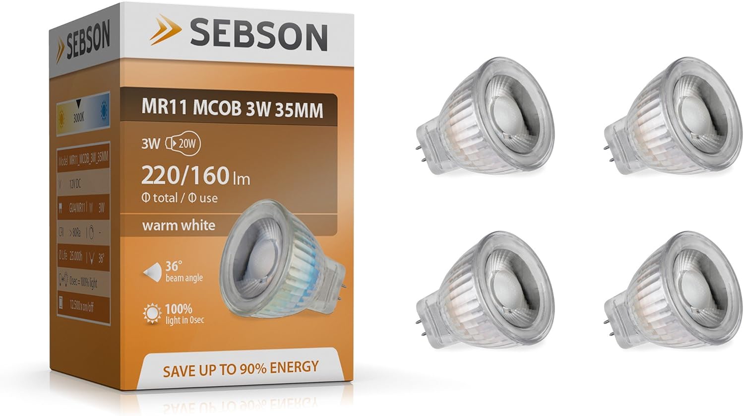 Set 4 Lampadine LED MR11 GU4 12V 3W SEBSON - 2900K