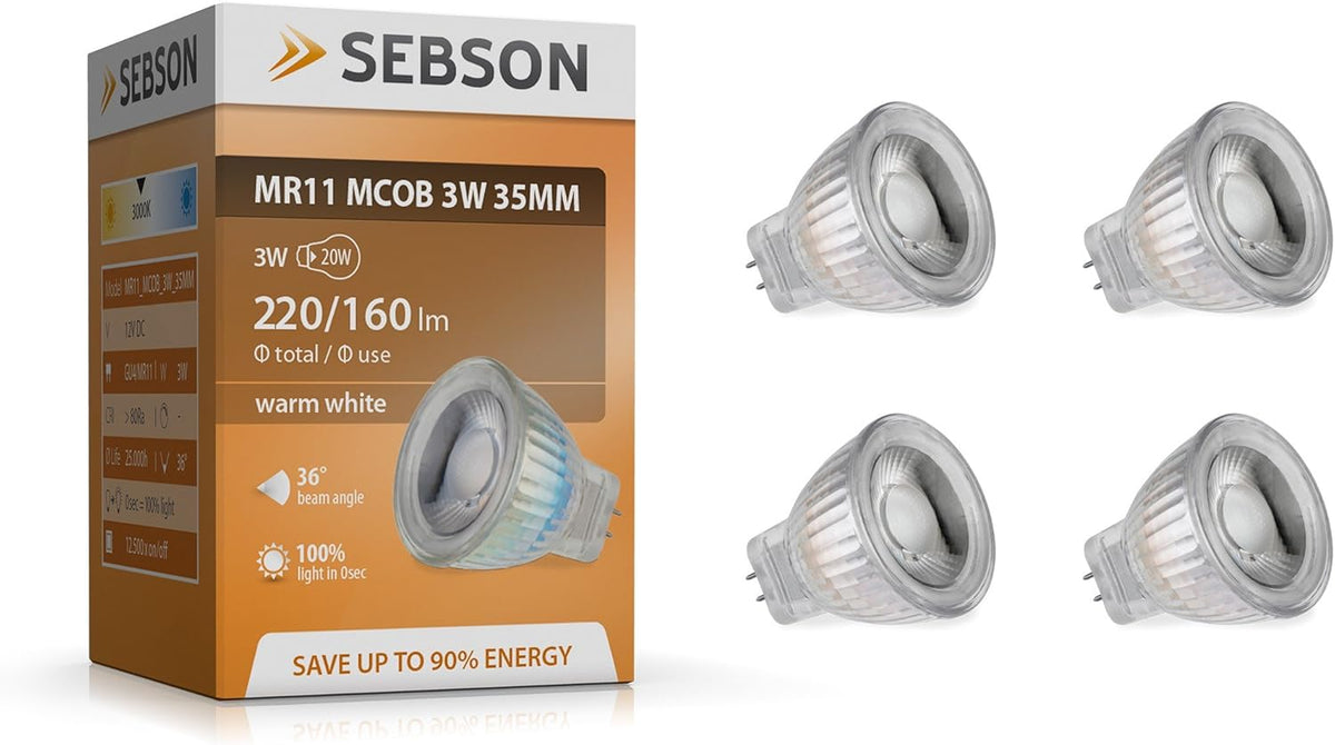Set 4 Lampadine LED MR11 GU4 12V 3W SEBSON - 2900K