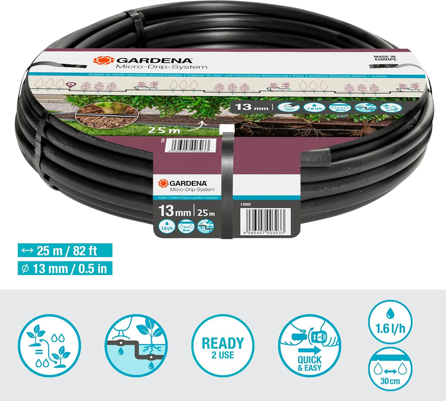 Gardena Micro-Drip-System Tubo Gocciolante 13 mm (1/2"), 25 m, 1,6 l/h - 13503-20