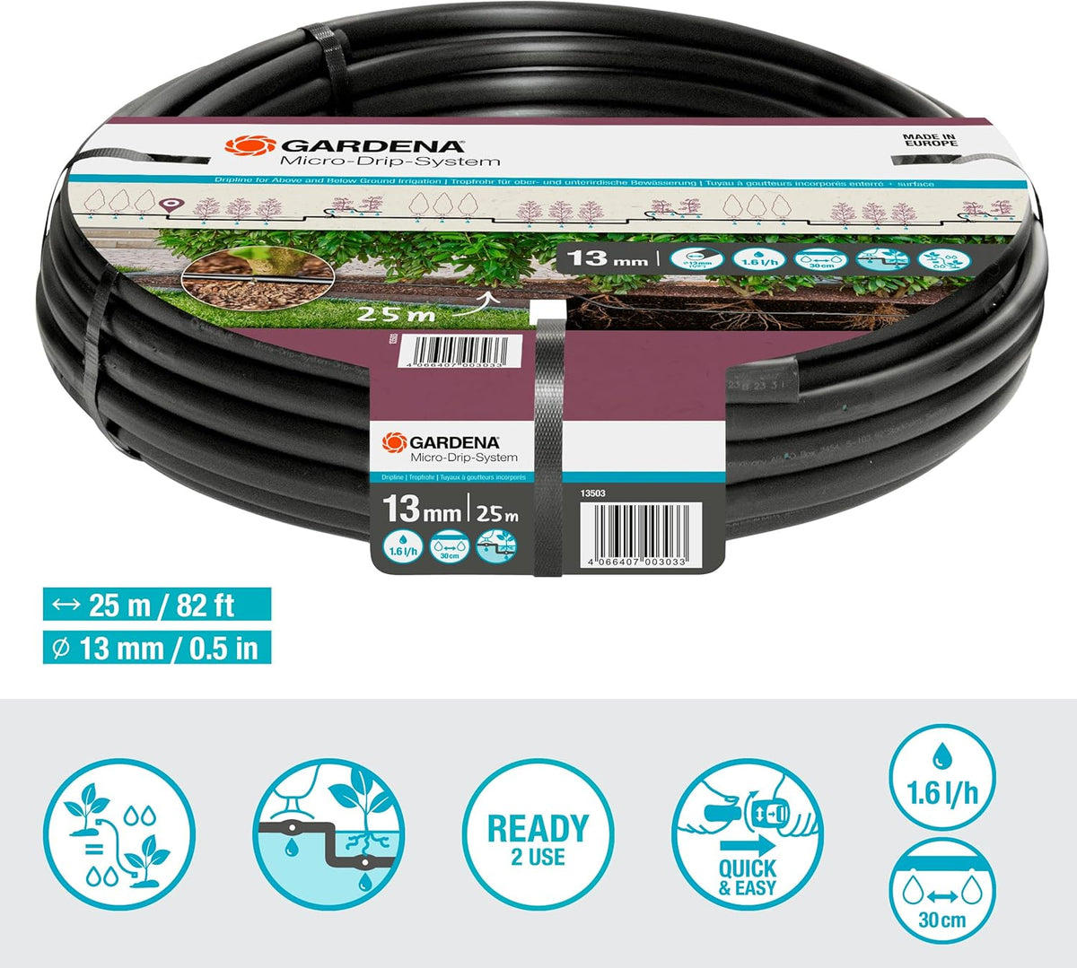 Gardena Micro-Drip-System Tubo Gocciolante 13 mm (1/2"), 25 m, 1,6 l/h - 13503-20
