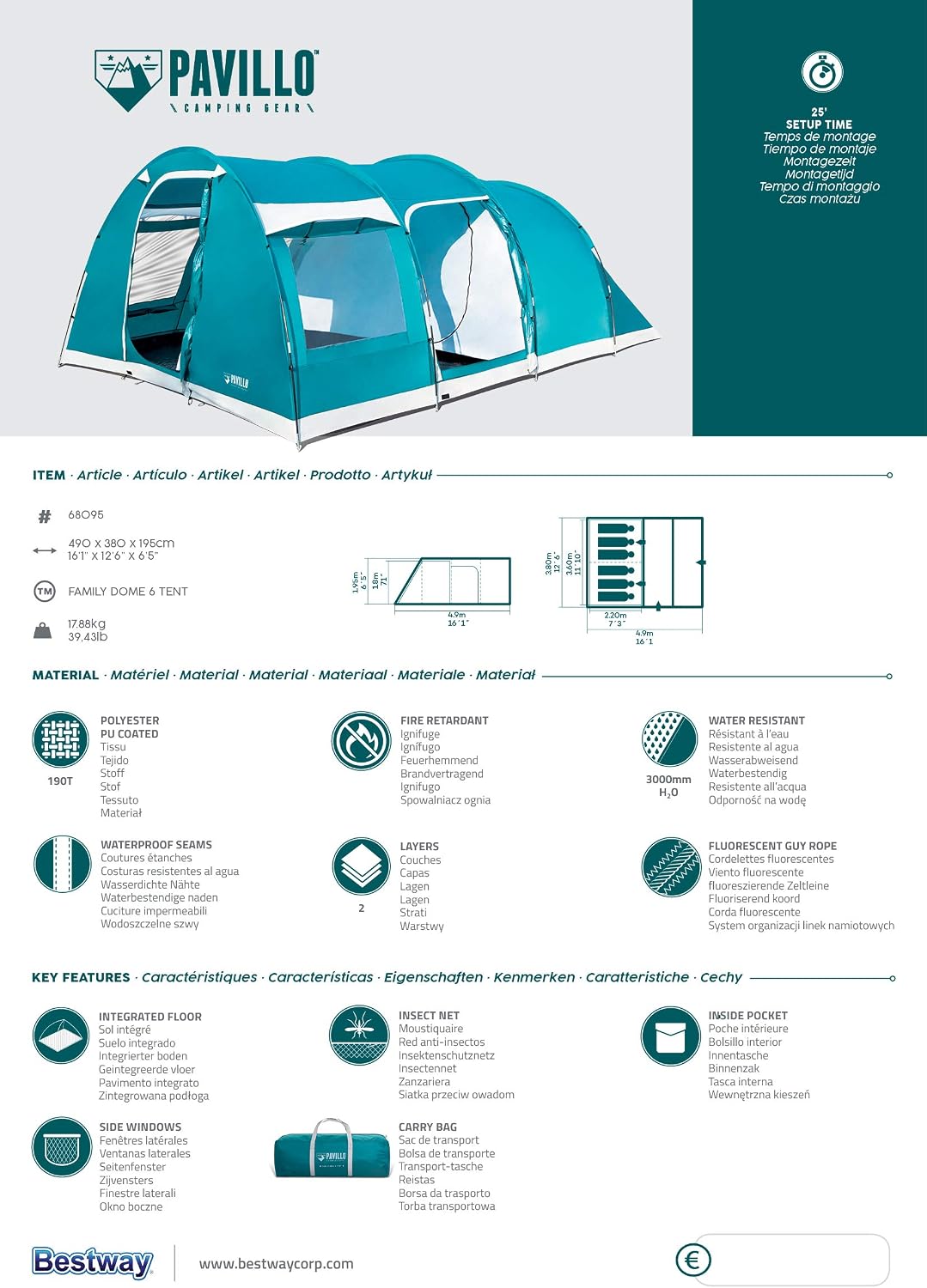 Bestway 68095 Tenda da Campeggio Pavillo Cooldome 2 Person (145 x 205 x 100 cm)