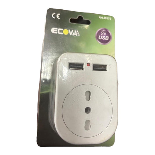 Caricabatteria da Muro con Presa Bipasso 10/16A 230V 3500W e 2 USB 5V–2.1A – Spina 16A | Ecova Ecova
