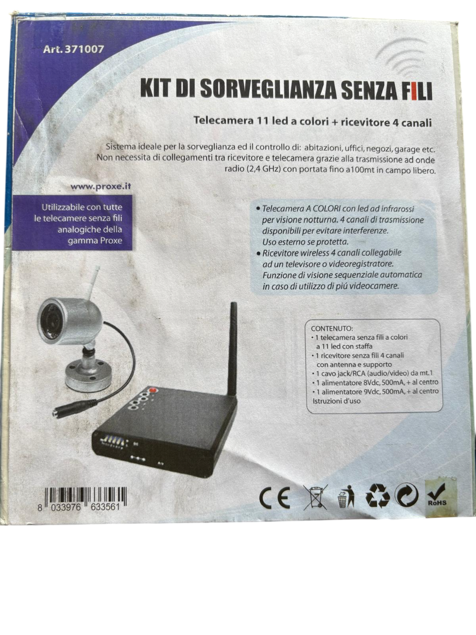 Kit Videosorveglianza Wireless Proxe - Telecamera 11 LED a Colori + Ricevitore 4 Canali