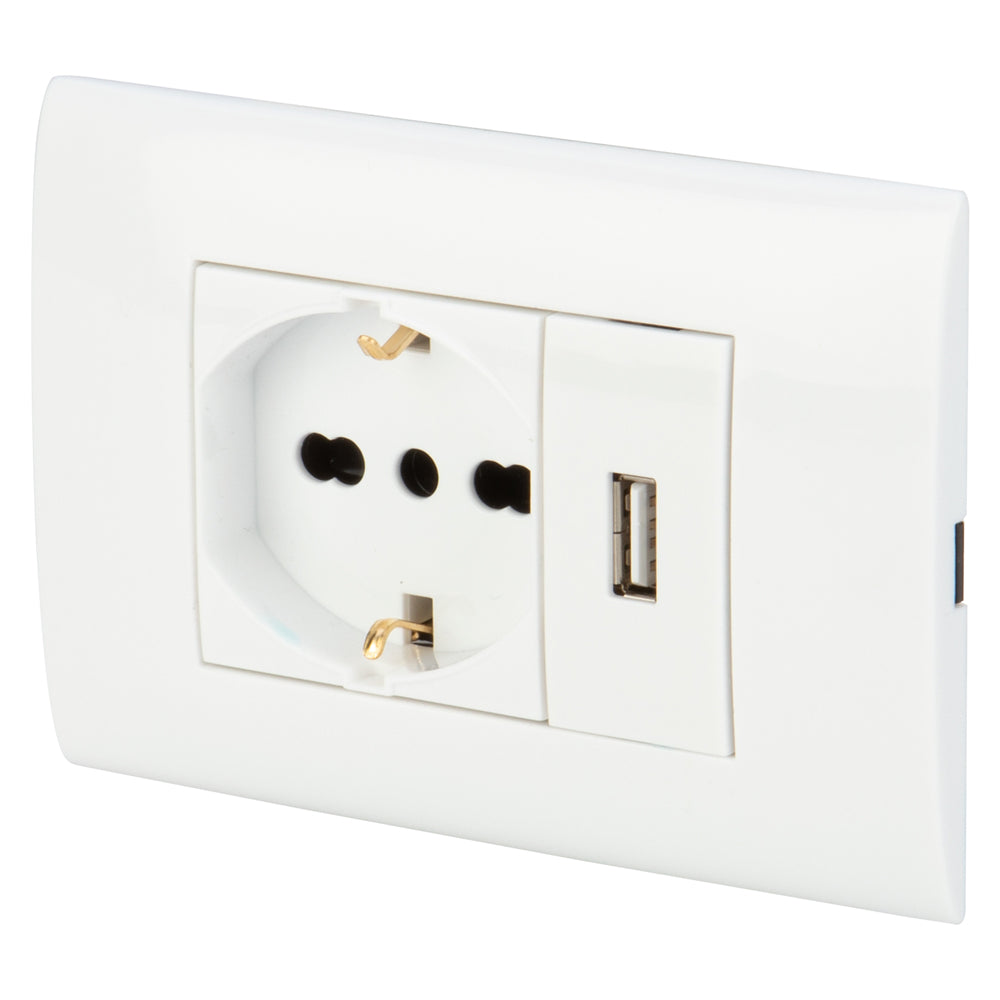 Poly Pool PP6096X - Frutto Presa Pluristandard con Caricatore USB 2,1A e Supporto (Colore Bianco)