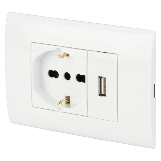 Poly Pool PP6096X - Frutto Presa Pluristandard con Caricatore USB 2,1A e Supporto (Colore Bianco)